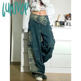 Lunivop Summer Womens Jeans High Waist Baggy Casual Vintage Y2K Flanging Design Straight Pants